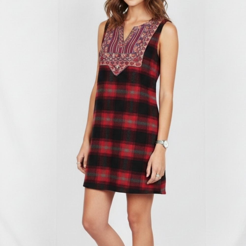 Free People Plaid Folk Grunge Embroidered Red Black Sleevless Dress Size Large